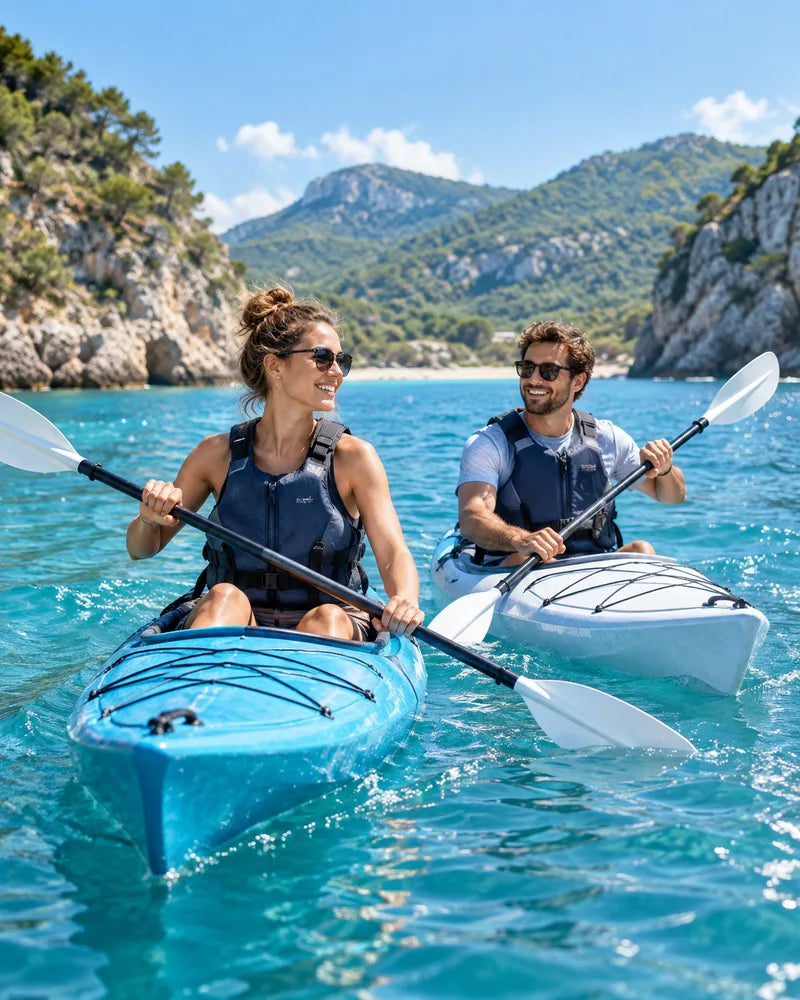 Friends kayaking on sunlit blue water